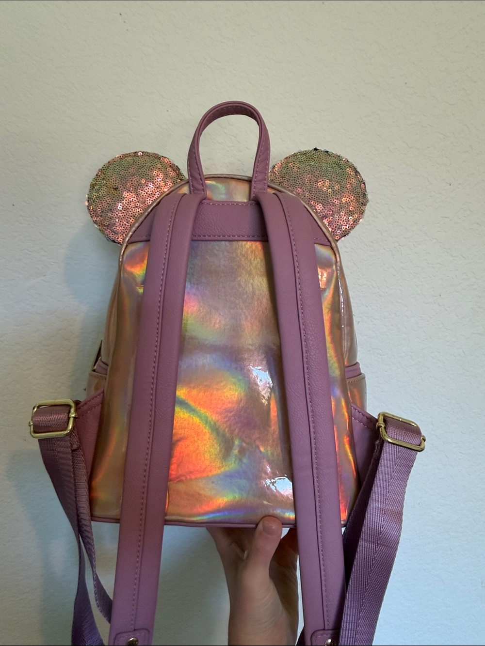 Loungefly Iridescent Rose Gold Sequin Minnie Ear Mini Backpack - Picture 2 of 4